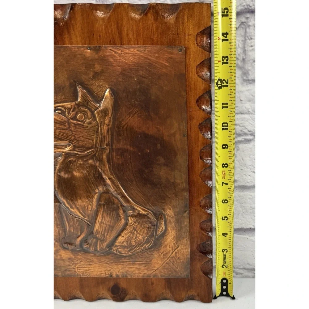 Vintage MCM Framed Hammered Copper Wall Plaque Dog Embossed Folk Art Wood